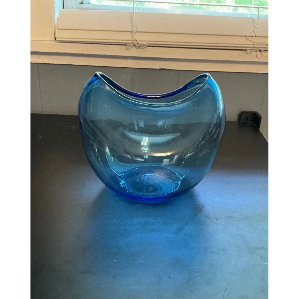 Blue Hand Blown Art Glass Crescent U-Shaped Sculptural Vase Centerpiece 9.5in